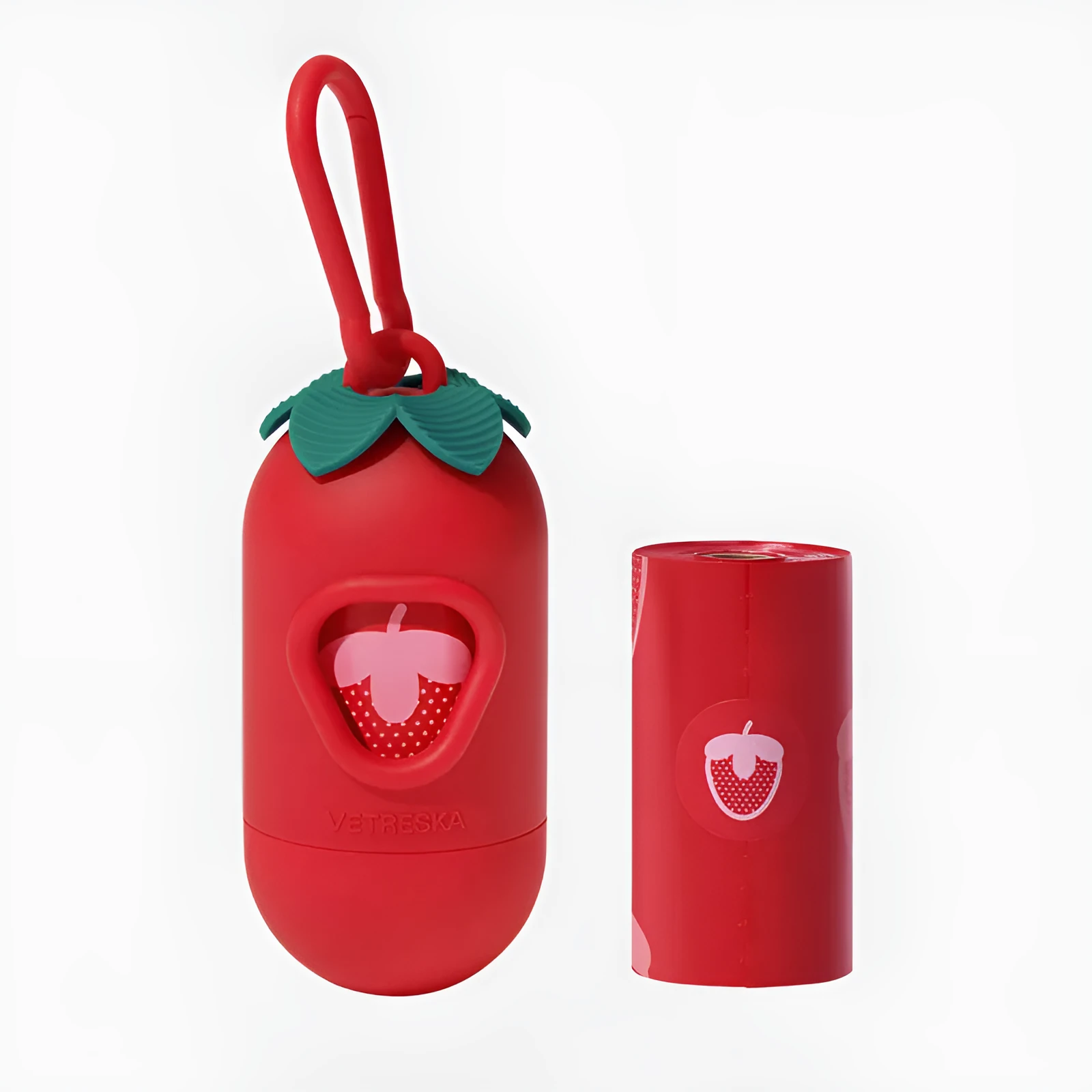 Portable dog poop bag capsule with scented inner bags in strawberry, orange, and cherry blossom styles.