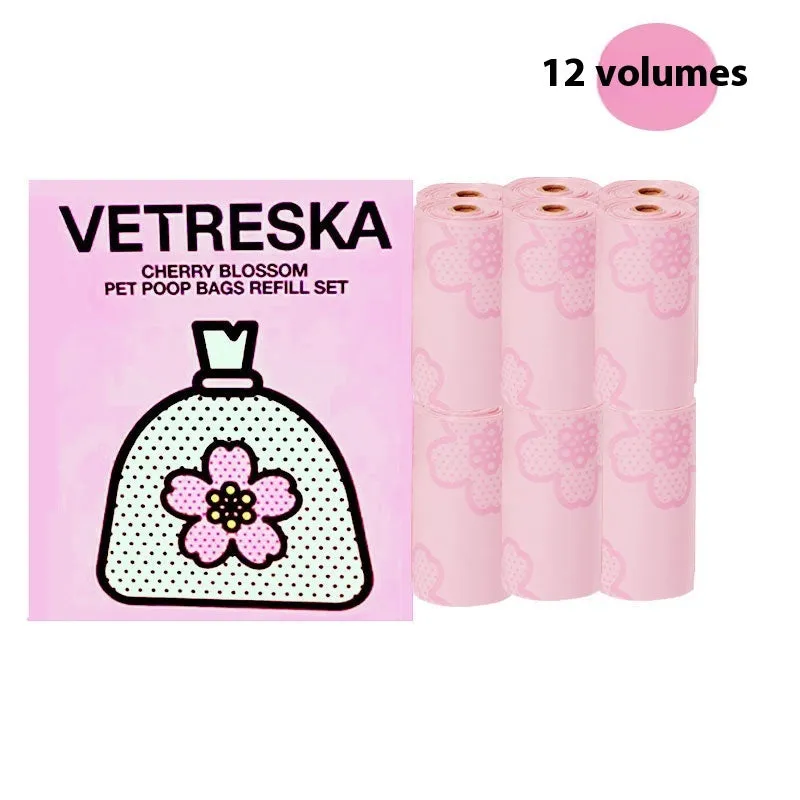 Portable dog poop bag capsule with scented inner bags in strawberry, orange, and cherry blossom styles.