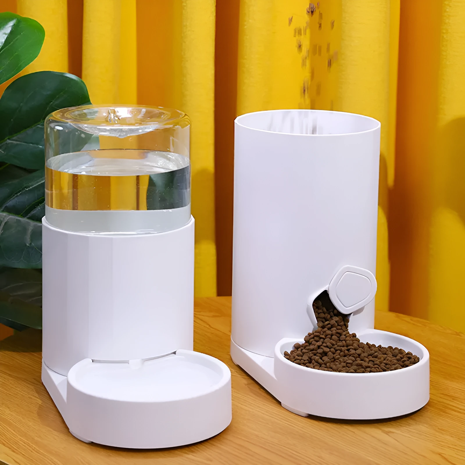 Cat water fountain automatic feeder set round white food grade PP plastic water dispenser and feeder on floor
