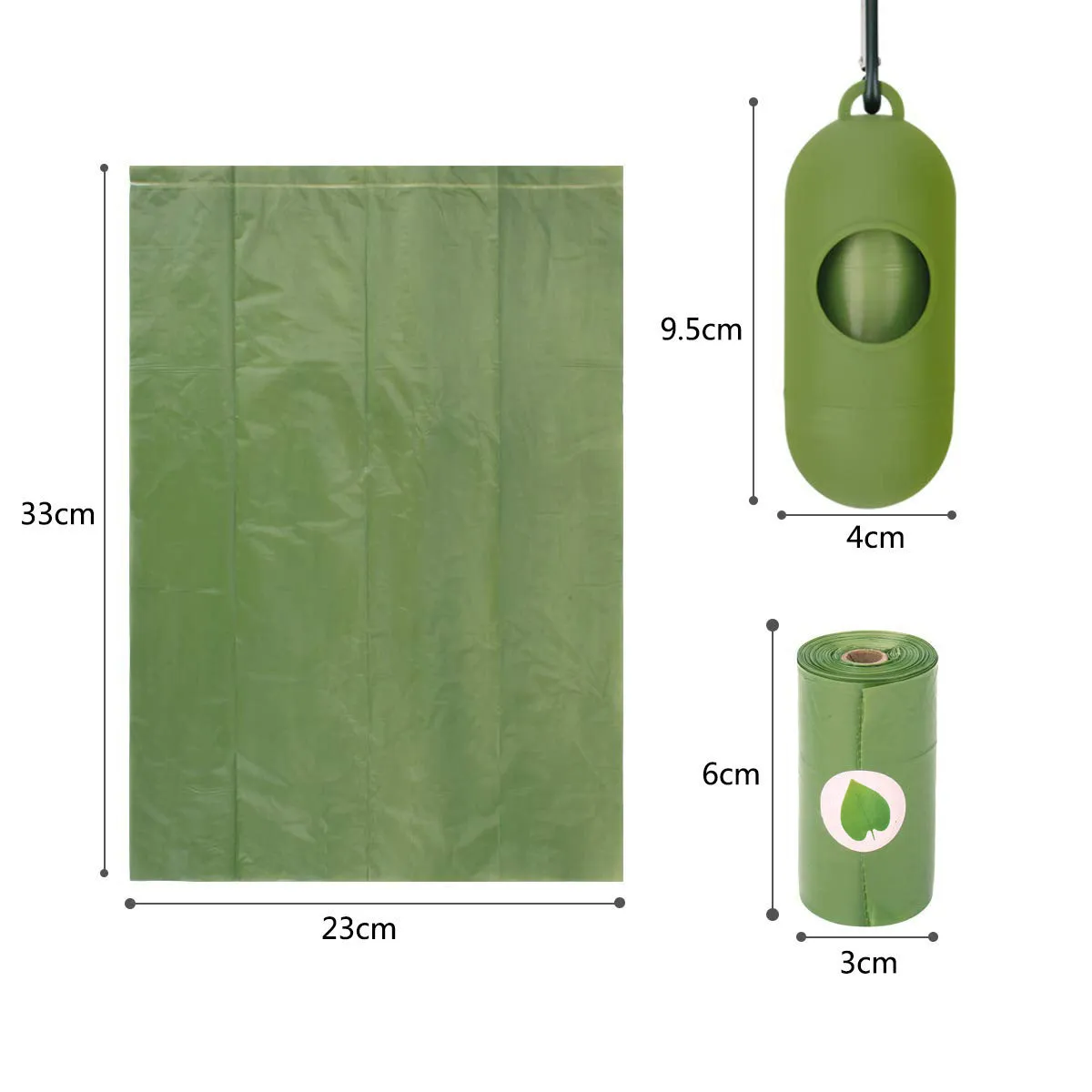 Pack of green biodegradable pet poop bags with dispenser, thick design for dog waste cleanup