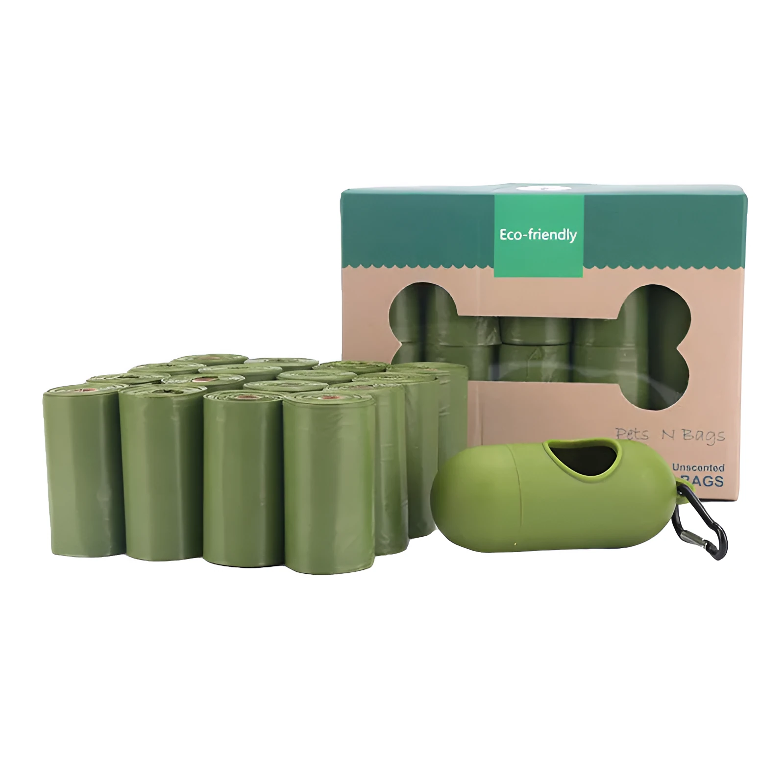 Pack of green biodegradable pet poop bags with dispenser, thick design for dog waste cleanup