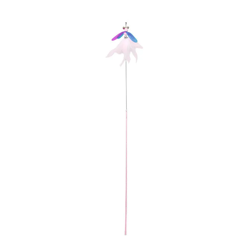 Fairy Feather retractable cat toy with large fluffy feather head and PVC pole, on a white background