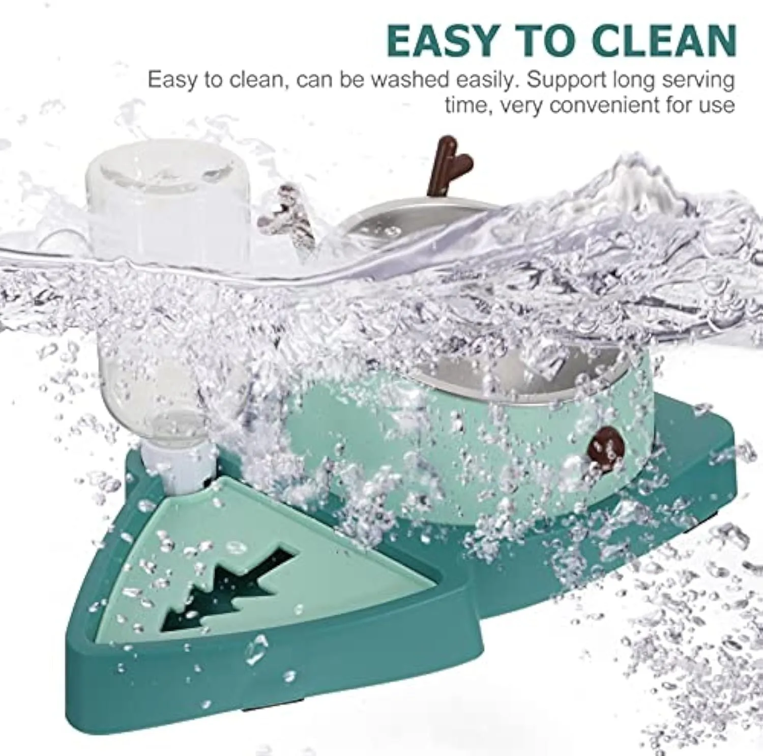 Green pet slow feeder bowl with stainless steel insert and detachable water tray on floor