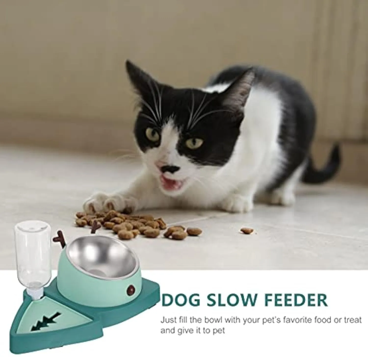 Green pet slow feeder bowl with stainless steel insert and detachable water tray on floor