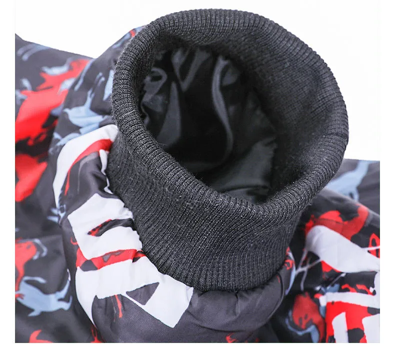 Large dog cotton printed coat in 3XL to 7XL sizes with neckline, bust, and back length measurements