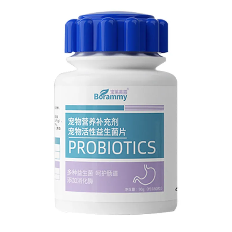 Bottle of 180 pet probiotic tablets for dogs and cats digestive support.