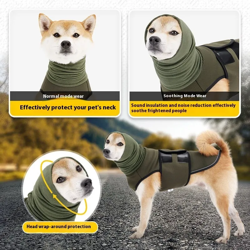 Army green polyester dog anti-anxiety jacket wrapped around a dog for calming pressure.