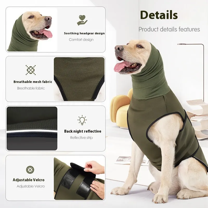 Army green polyester dog anti-anxiety jacket wrapped around a dog for calming pressure.