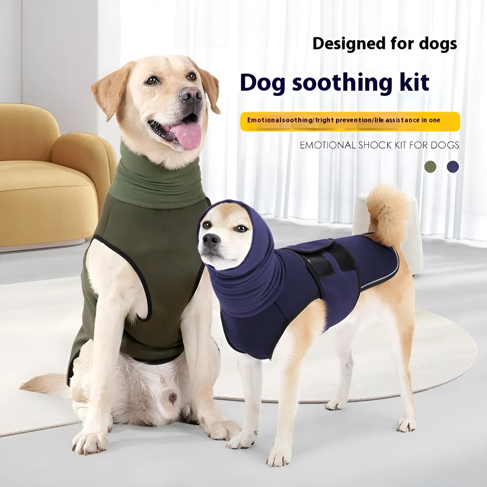 Army green polyester dog anti-anxiety jacket wrapped around a dog for calming pressure.