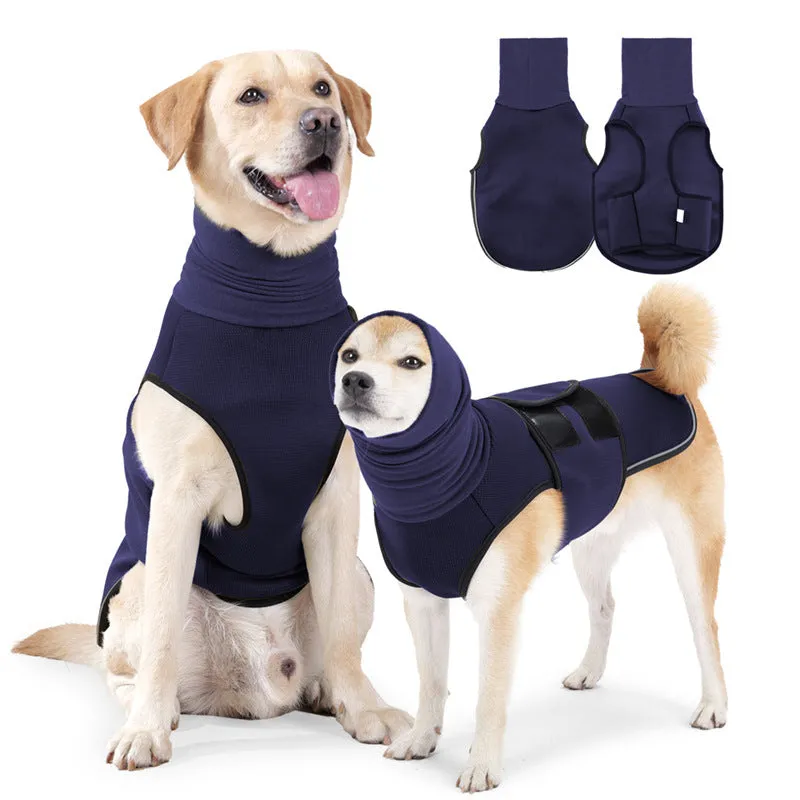 Army green polyester dog anti-anxiety jacket wrapped around a dog for calming pressure.