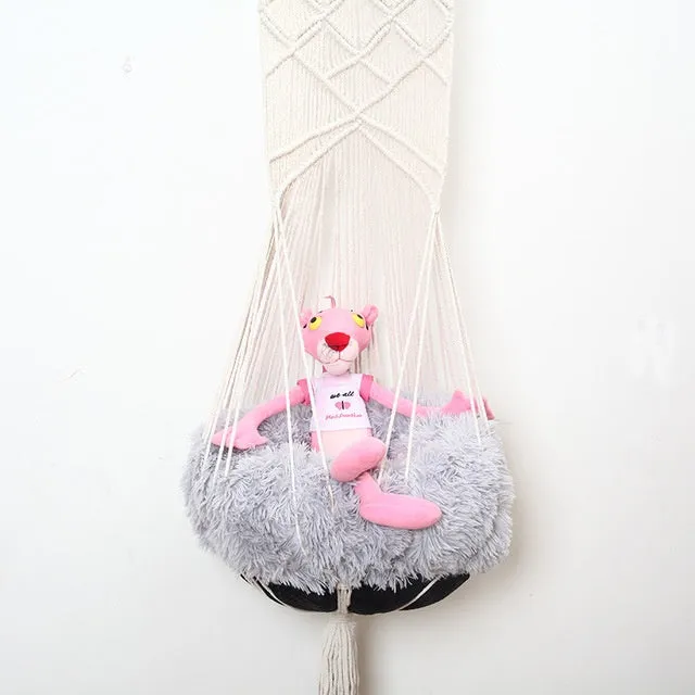 Handmade macrame pet swing cage rectangular plain pattern cotton rope hanging bed for cats