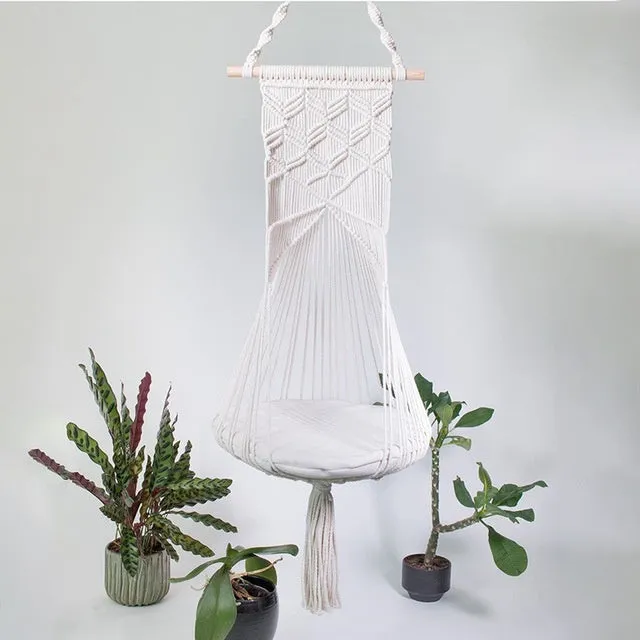 Handmade macrame pet swing cage rectangular plain pattern cotton rope hanging bed for cats