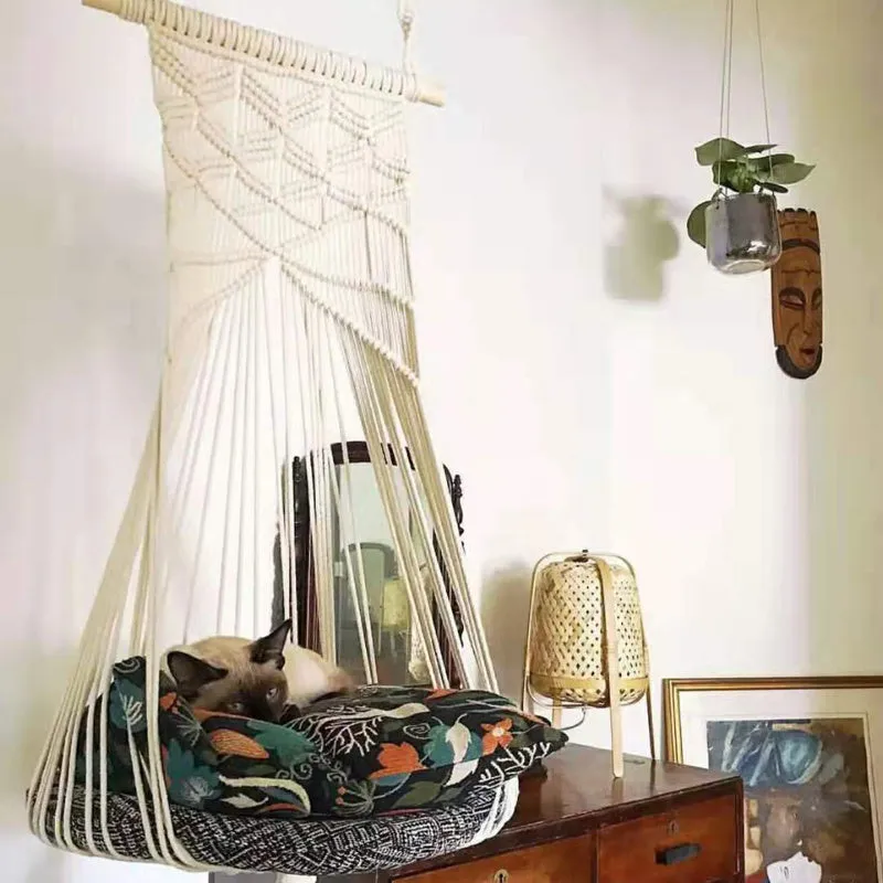 Handmade macrame pet swing cage rectangular plain pattern cotton rope hanging bed for cats
