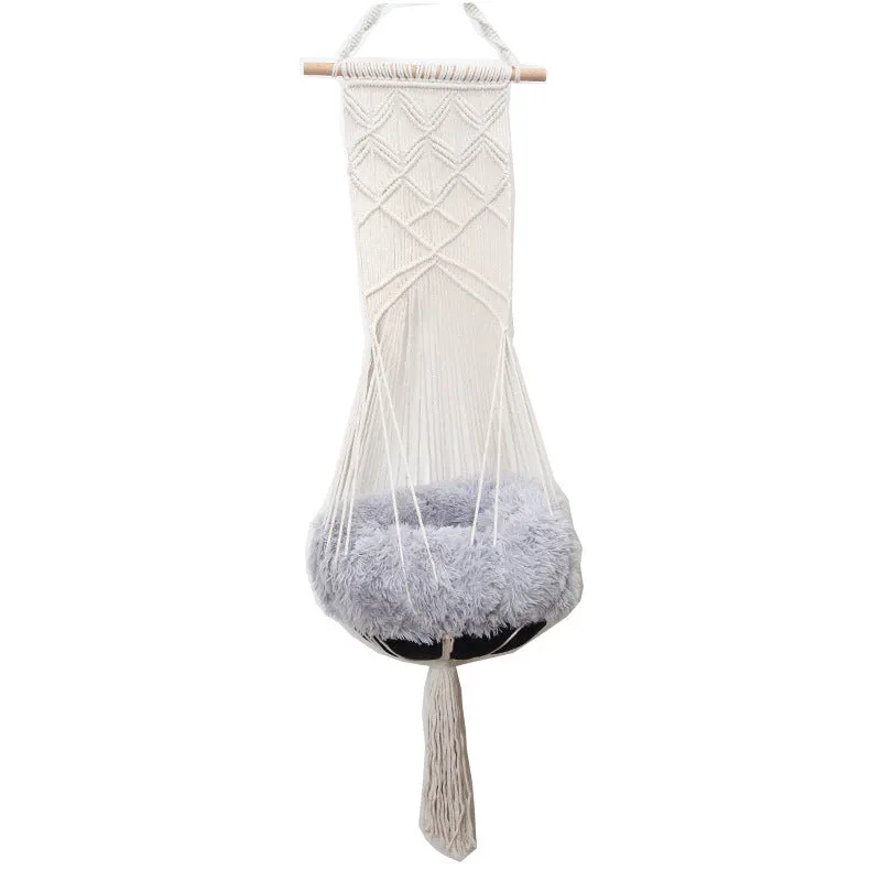 Handmade macrame pet swing cage rectangular plain pattern cotton rope hanging bed for cats