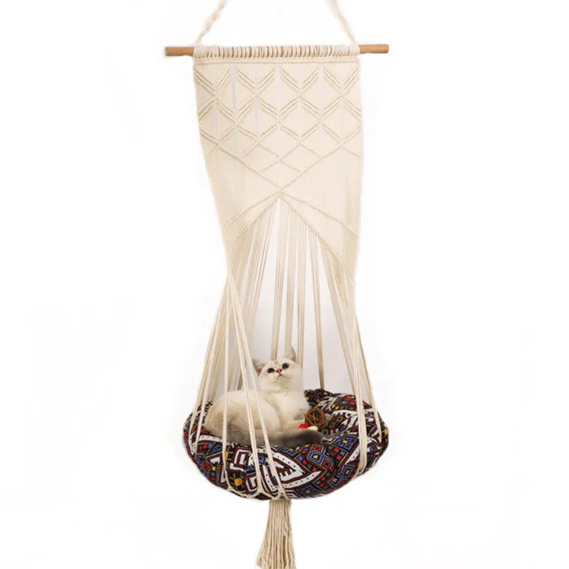 Handmade macrame pet swing cage rectangular plain pattern cotton rope hanging bed for cats