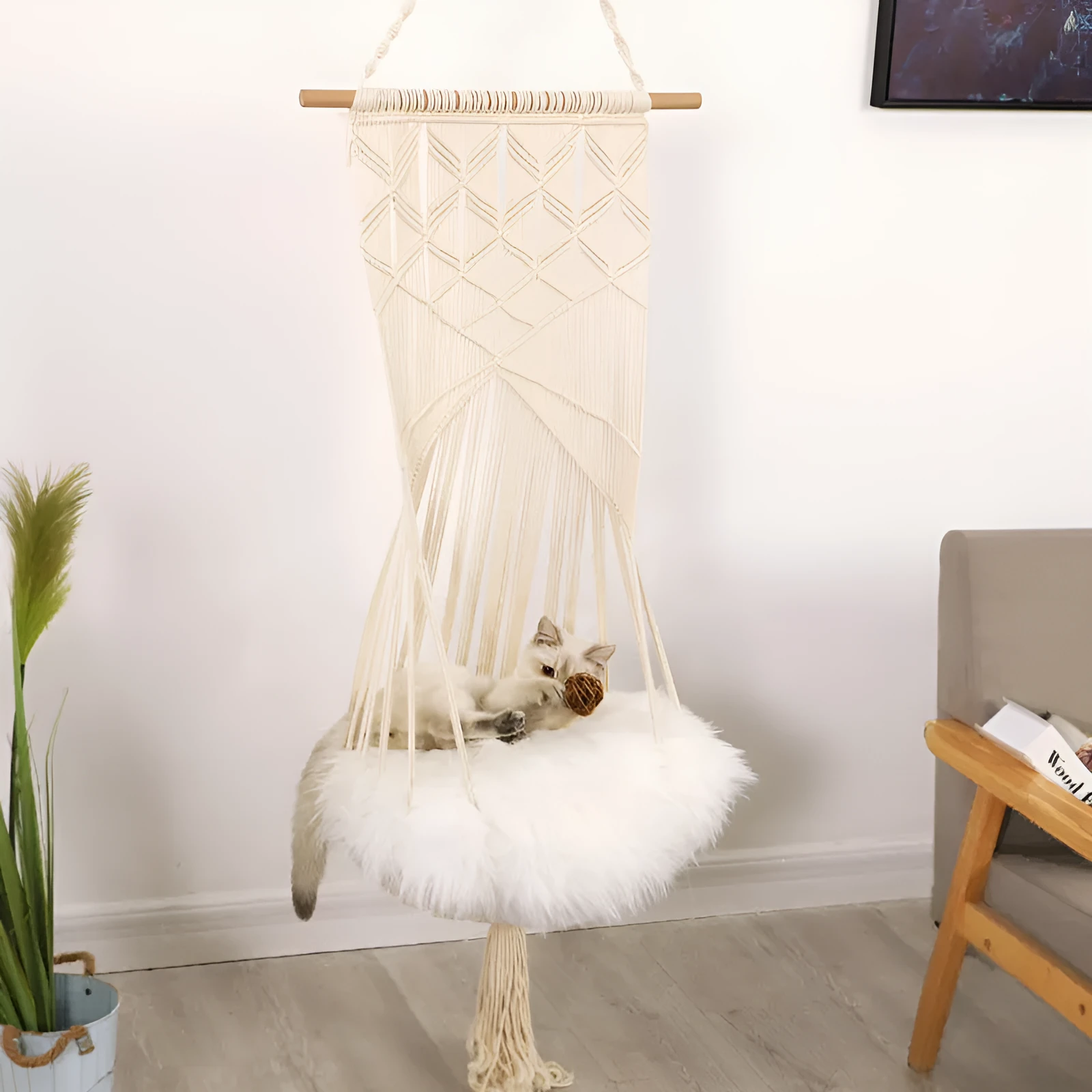 Handmade macrame pet swing cage rectangular plain pattern cotton rope hanging bed for cats