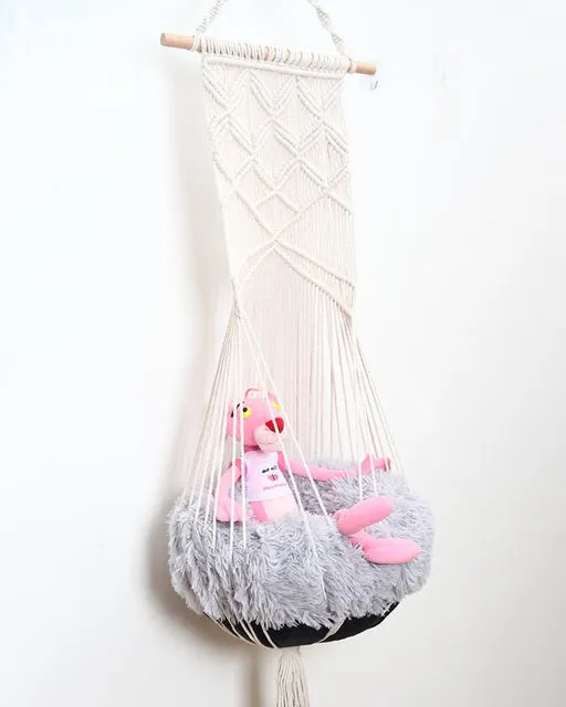 Handmade macrame pet swing cage rectangular plain pattern cotton rope hanging bed for cats