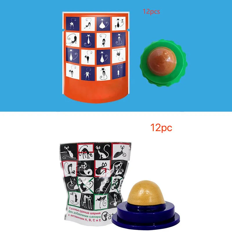 Green and blue pet cat sugar energy ball with catnip and gold fish gelatin on a floor