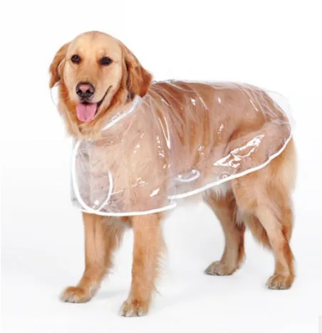 Transparent white waterproof raincoat for large dogs, size 3XL to 7XL, laid flat on a surface.