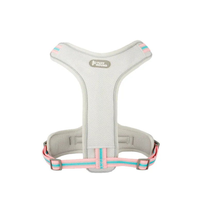 Double-sided breathable dog harness with traction rope in black carbon molecule colour, featuring mesh and zinc alloy construction.