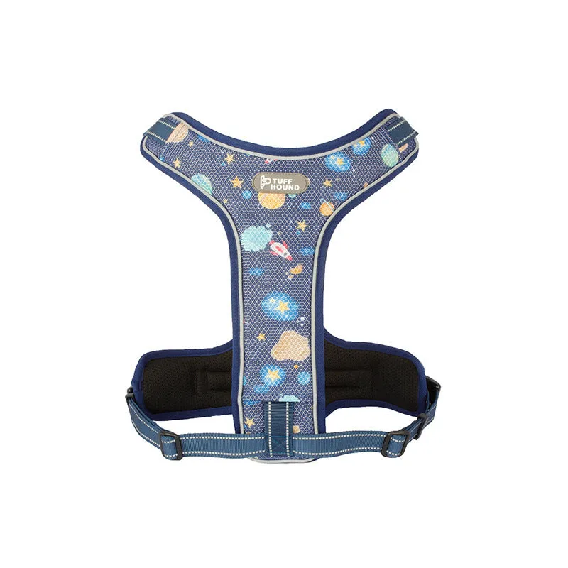 Double-sided breathable dog harness with traction rope in black carbon molecule colour, featuring mesh and zinc alloy construction.