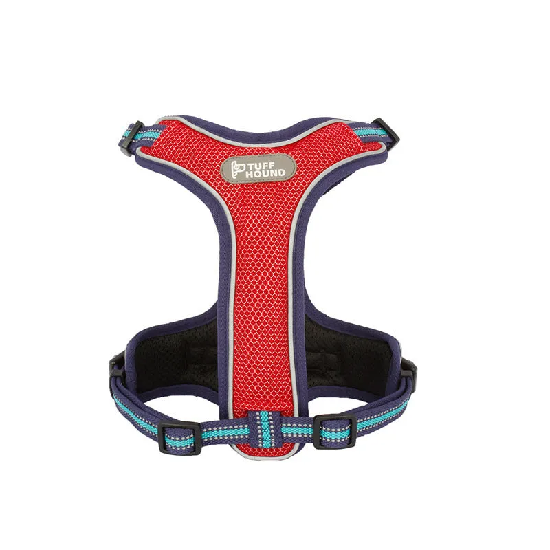 Double-sided breathable dog harness with traction rope in black carbon molecule colour, featuring mesh and zinc alloy construction.