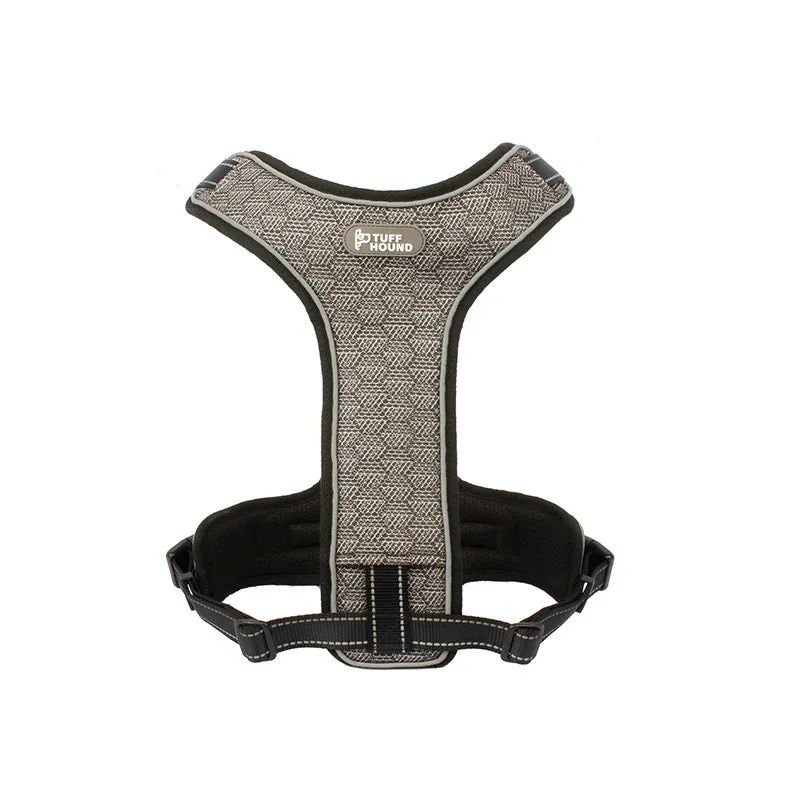Double-sided breathable dog harness with traction rope in black carbon molecule colour, featuring mesh and zinc alloy construction.