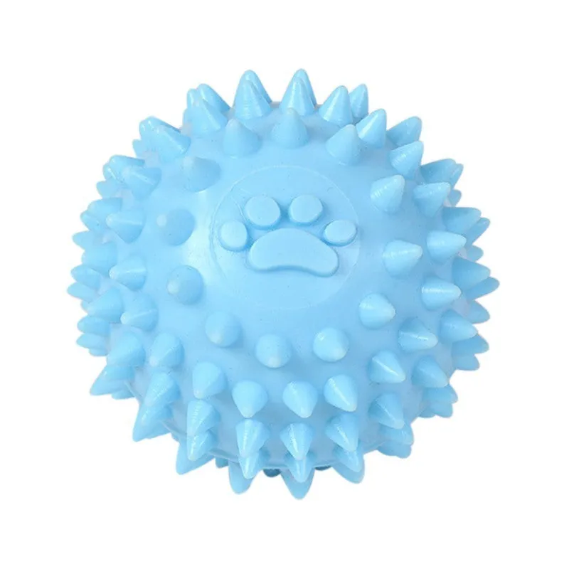 Blue TPR dog chewing ball with textured footprint design for teeth cleaning, 6cm diameter