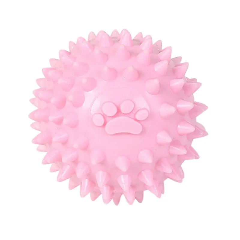 Blue TPR dog chewing ball with textured footprint design for teeth cleaning, 6cm diameter