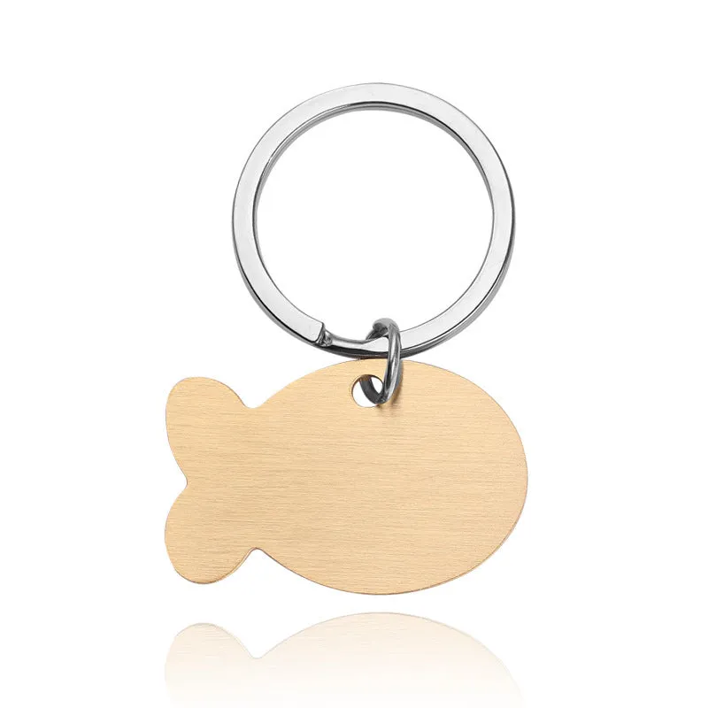 Personalised engraved stainless steel bone-shaped pet ID tag keychain in gold finish for cat or dog collar