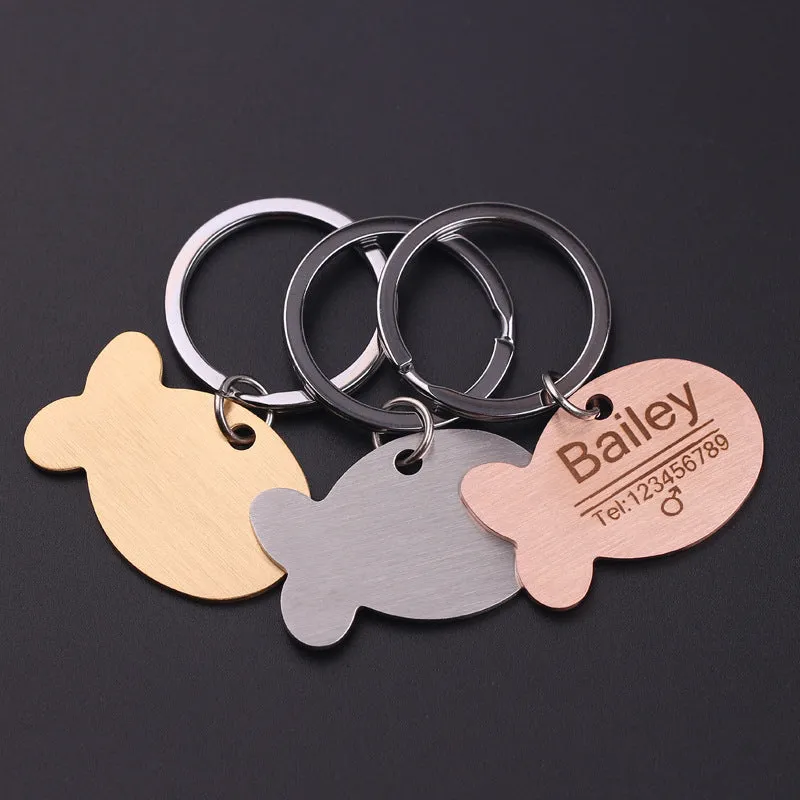 Personalised engraved stainless steel bone-shaped pet ID tag keychain in gold finish for cat or dog collar