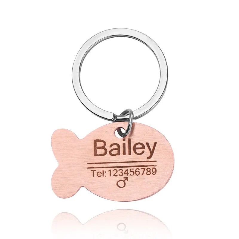 Personalised engraved stainless steel bone-shaped pet ID tag keychain in gold finish for cat or dog collar