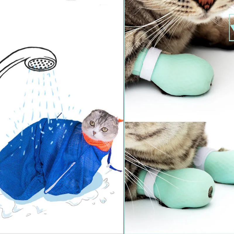 Set of four green silicone cat anti-scratch foot covers or gloves for pet care.