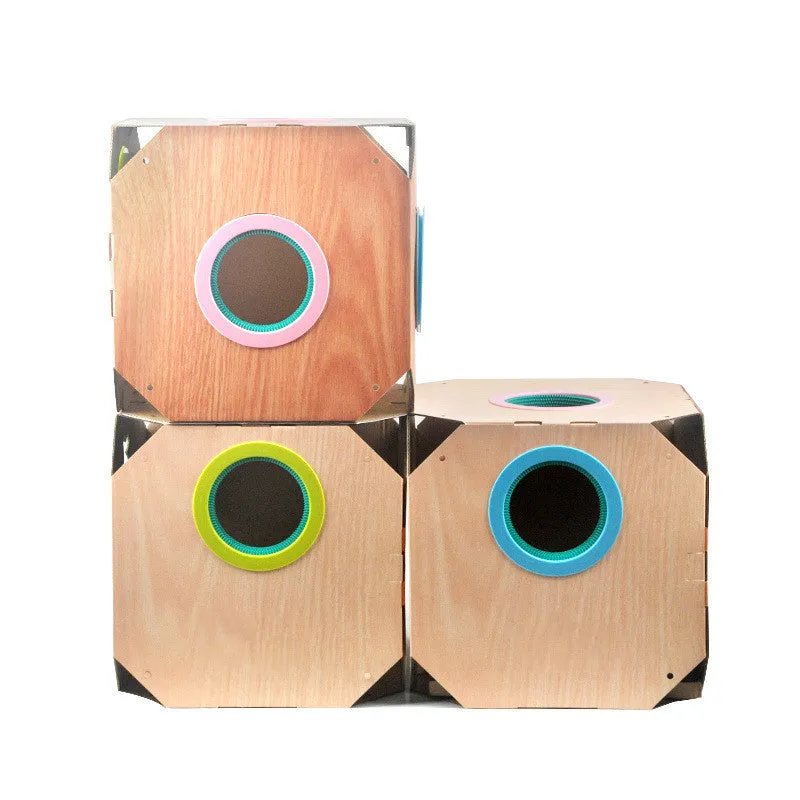 DIY multipurpose cat hiding box with white corrugated cardboard carton, two ABS TPR circles, and a cat scratching board in style A