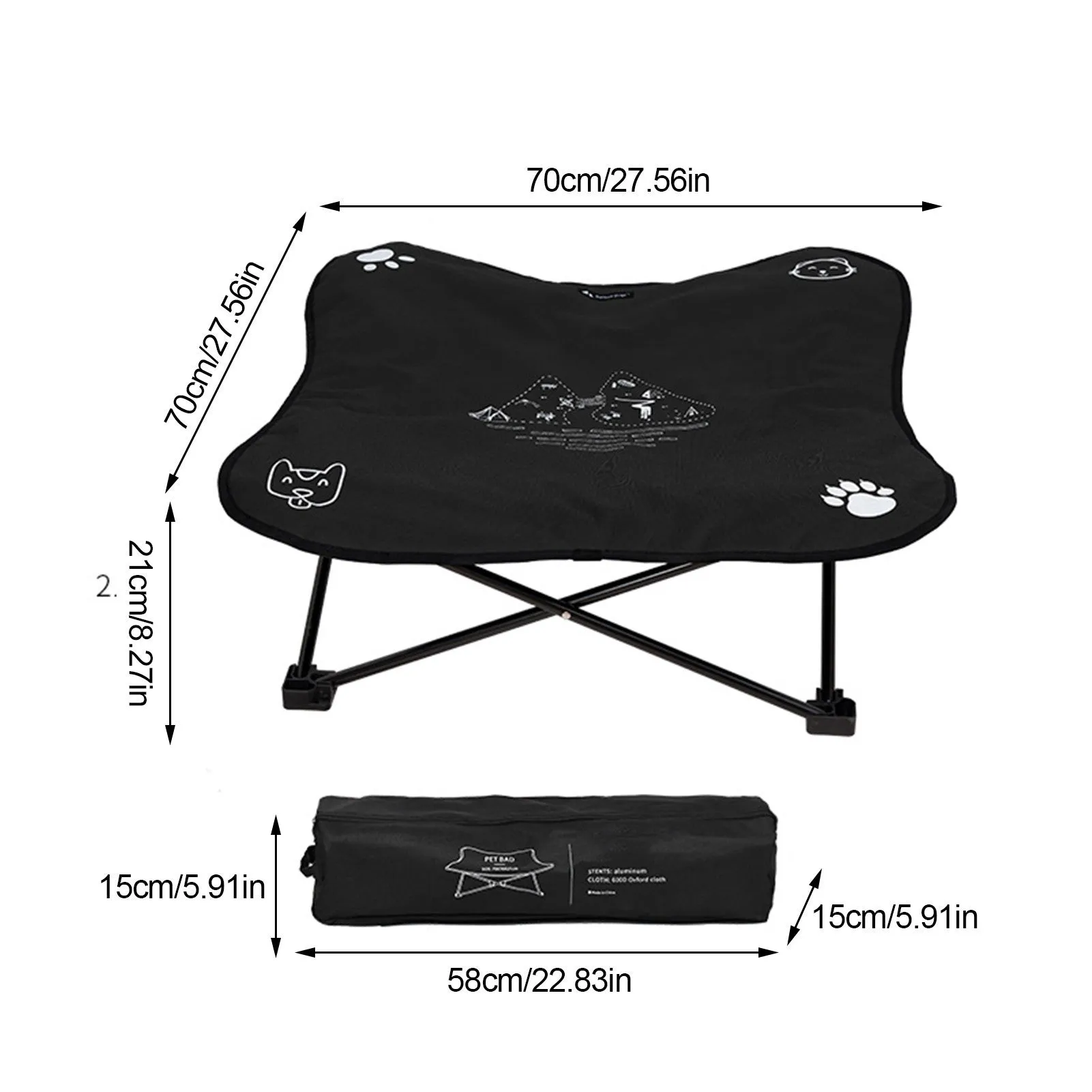 Outdoor pet folding bed with aluminium alloy X-frame and black 600D Oxford cloth sleeping surface