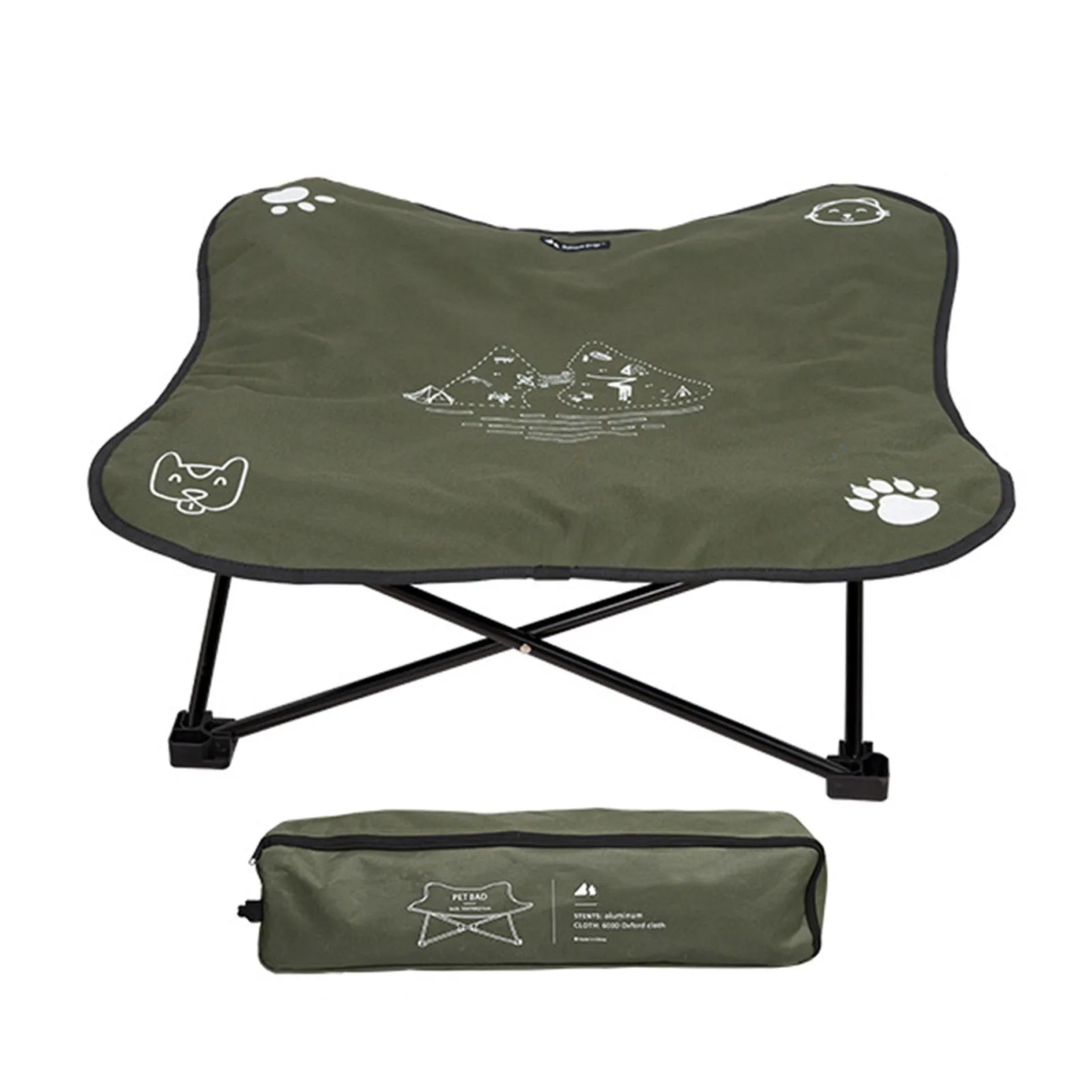 Outdoor pet folding bed with aluminium alloy X-frame and black 600D Oxford cloth sleeping surface