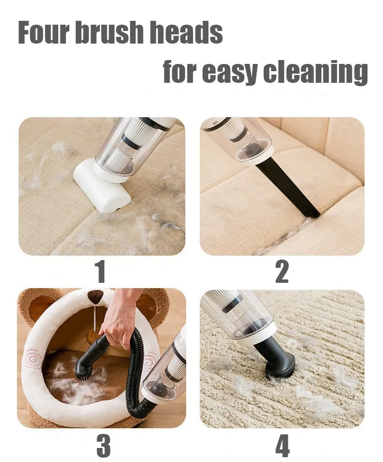 Electric pet hair absorber with 28000Pa suction, wireless charging, white colour, includes floor brush and hair remover brush