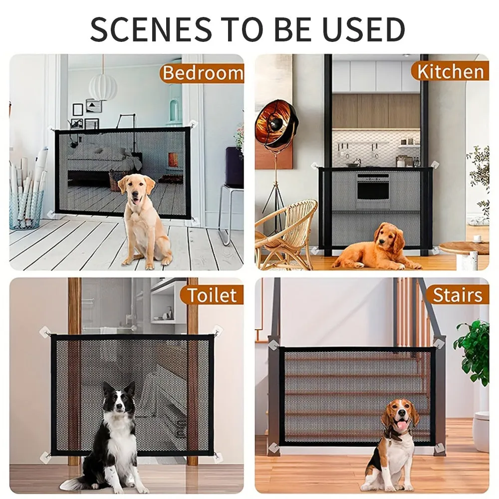Foldable pet dog fence made of fibreglass mesh for indoor use, no drilling required, with hooks for doorway installation