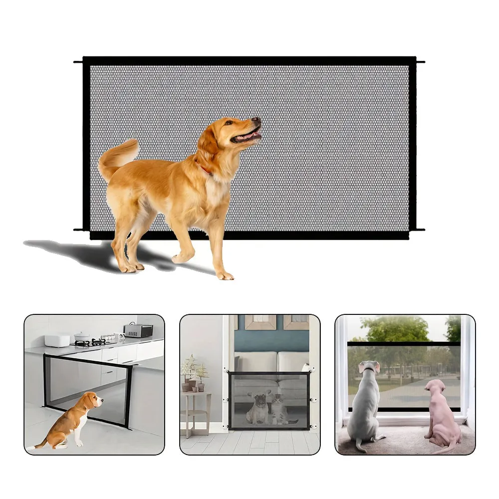 Foldable pet dog fence made of fibreglass mesh for indoor use, no drilling required, with hooks for doorway installation