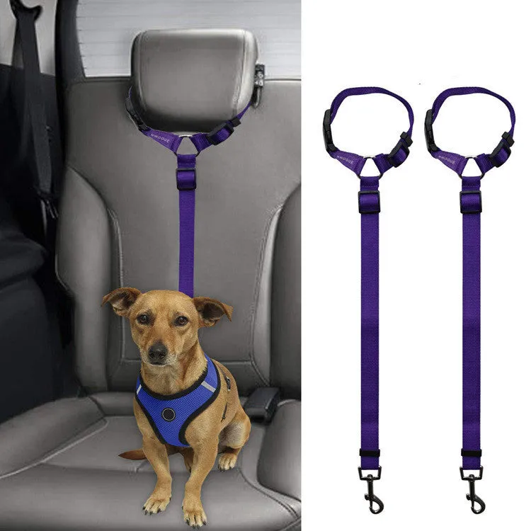 Car backseat pet leash for dogs made from polyester in nine colour options attached to a vehicle seatbelt