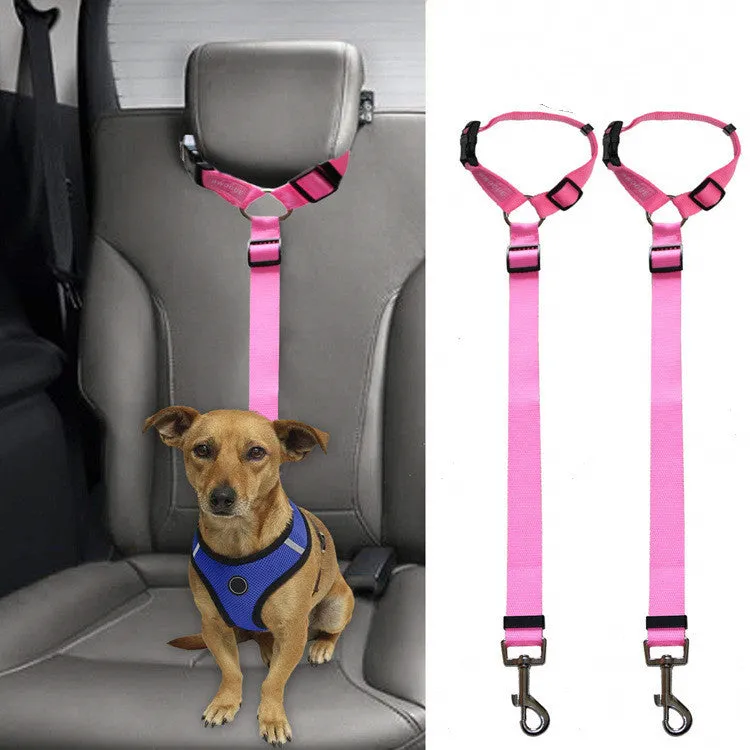 Car backseat pet leash for dogs made from polyester in nine colour options attached to a vehicle seatbelt