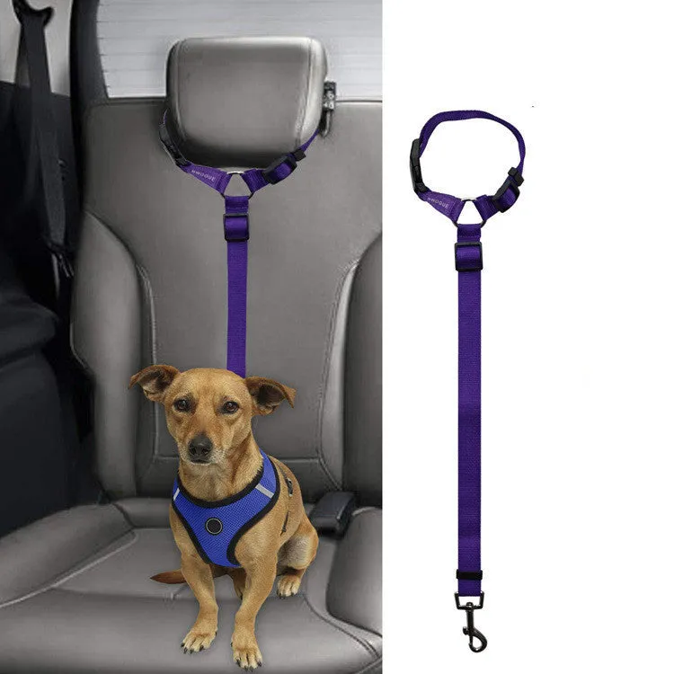 Car backseat pet leash for dogs made from polyester in nine colour options attached to a vehicle seatbelt
