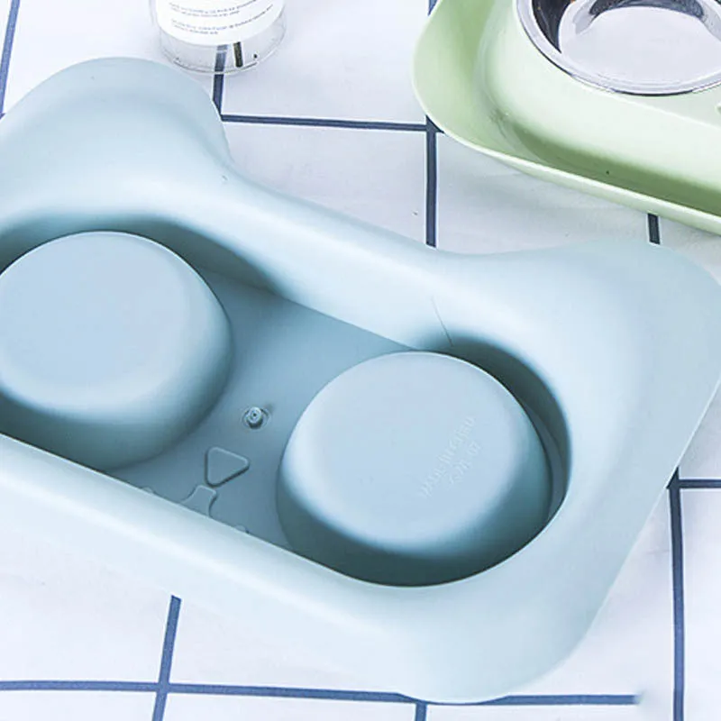 Pet stainless steel drinking water and feeding bowl set with pink PP tray