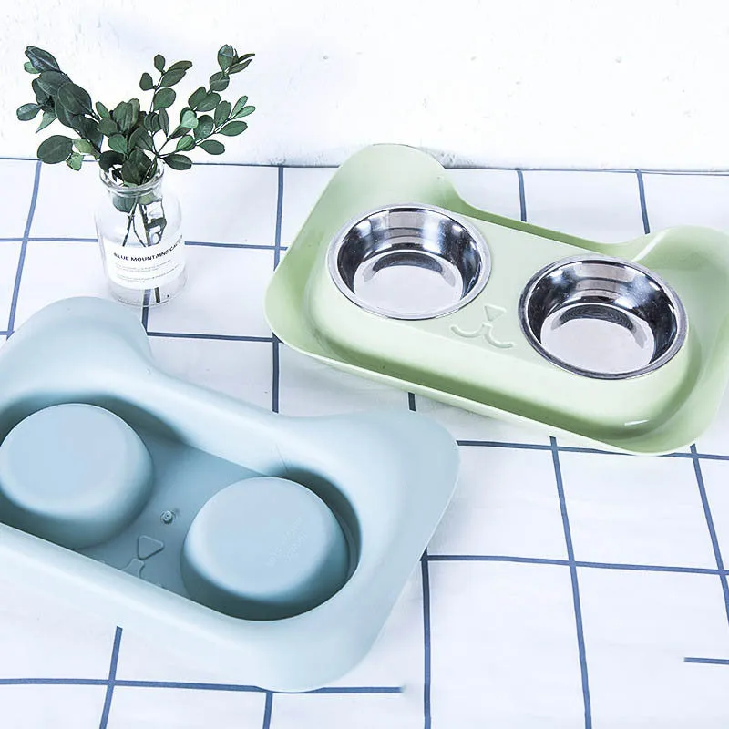 Pet stainless steel drinking water and feeding bowl set with pink PP tray