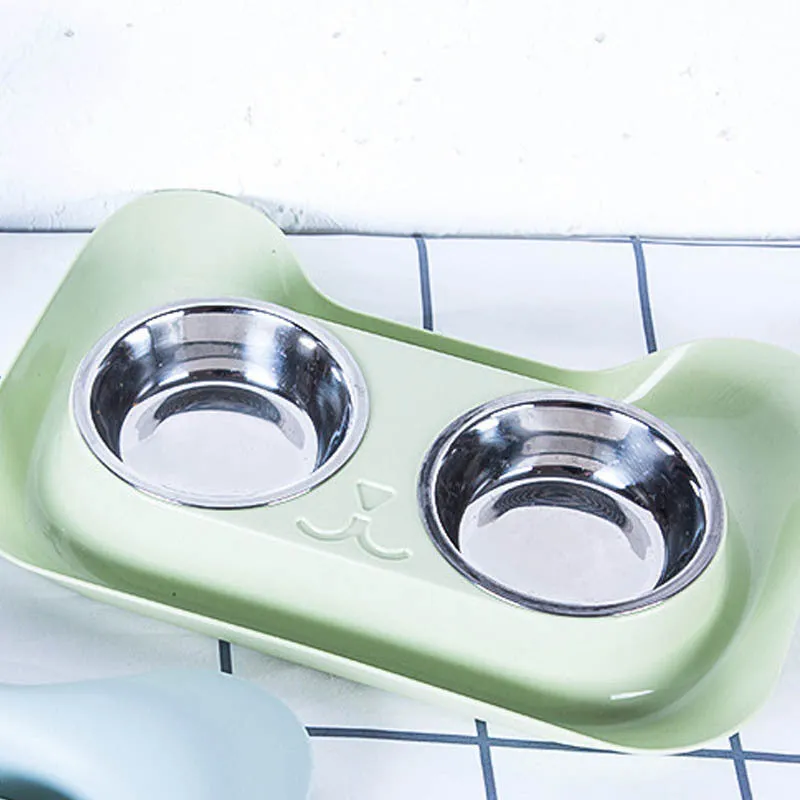 Pet stainless steel drinking water and feeding bowl set with pink PP tray