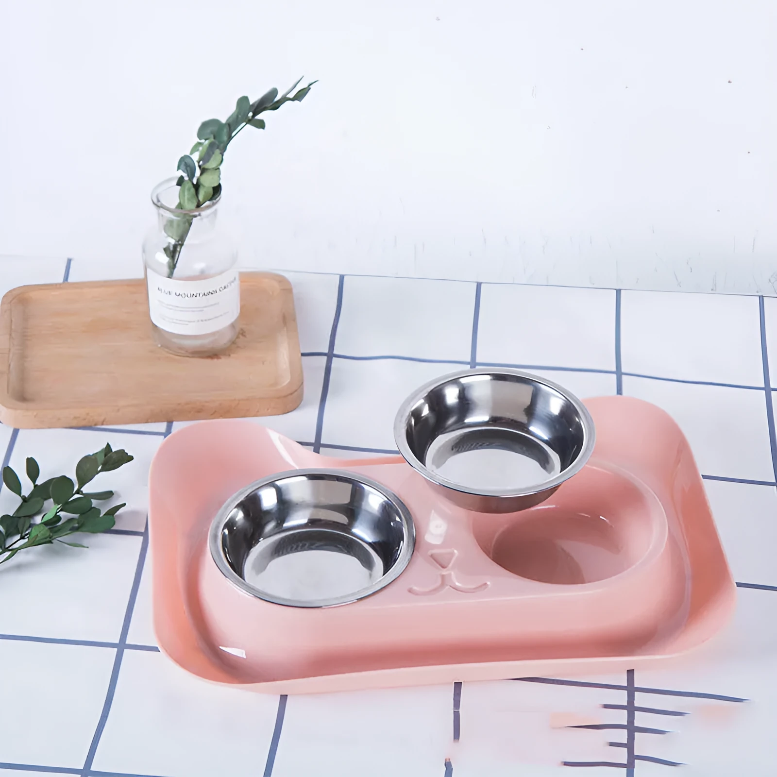 Pet stainless steel drinking water and feeding bowl set with pink PP tray
