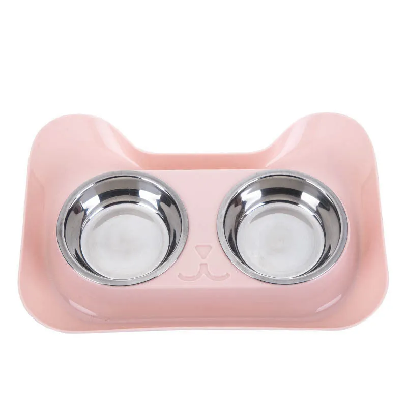 Pet stainless steel drinking water and feeding bowl set with pink PP tray