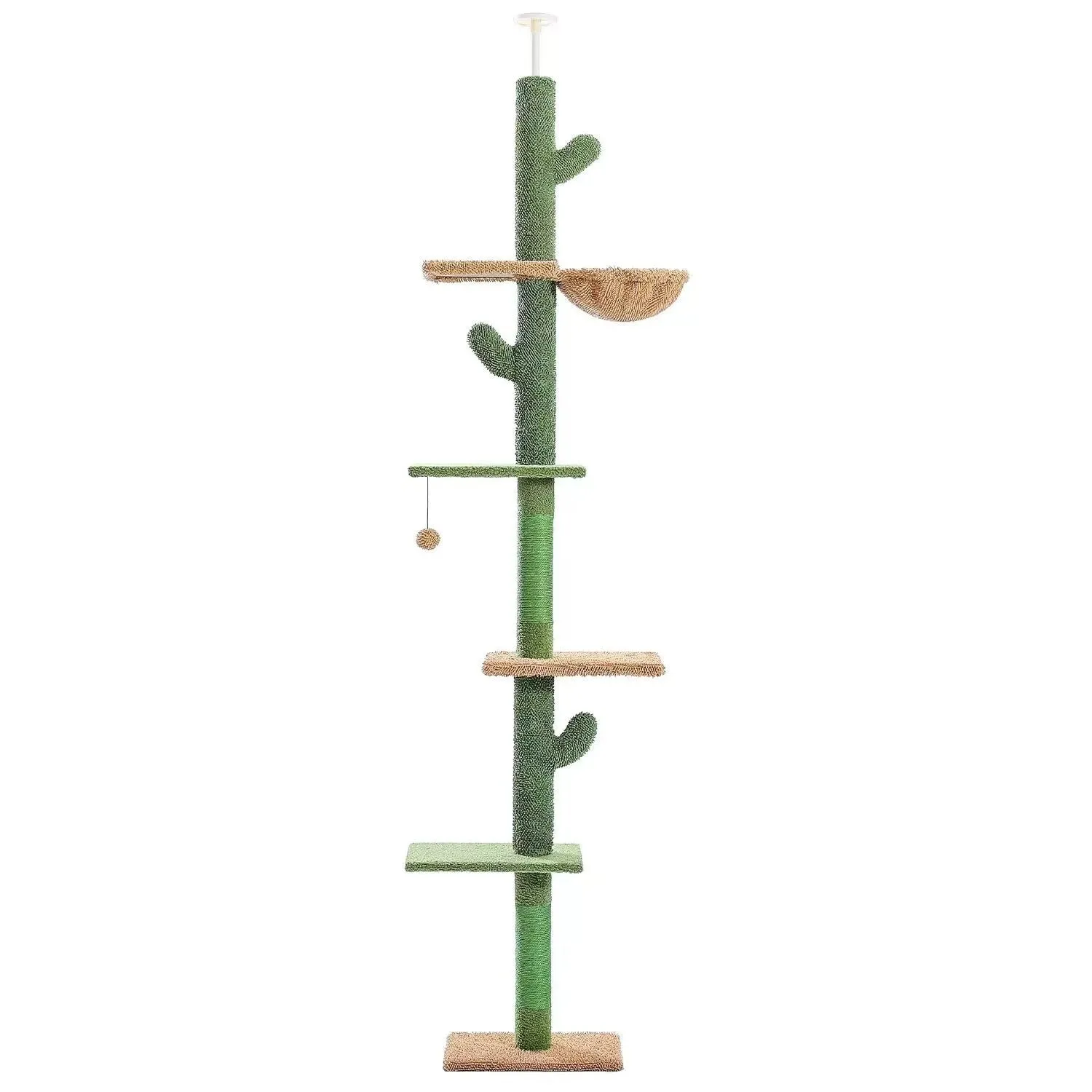 Tall solid wood cactus-shaped cat tree with integrated scratch board and dangling toy.
