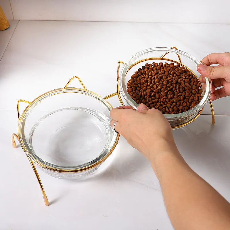 Glass cat bowl with iron rack, double and single options for cats and small dogs