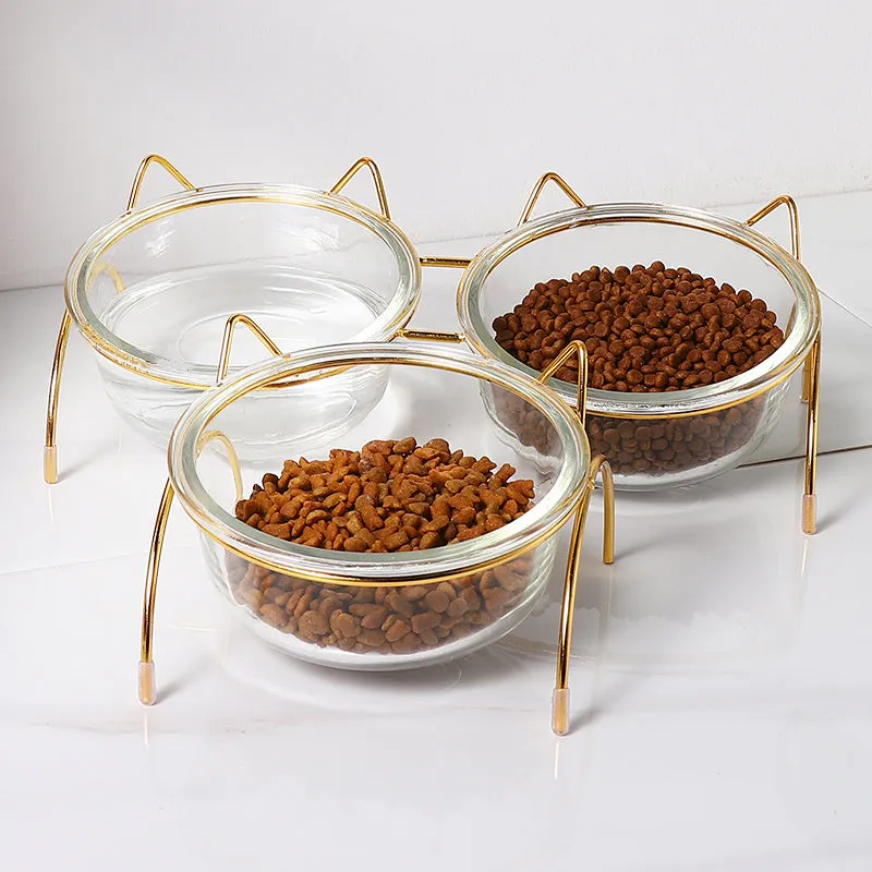 Glass cat bowl with iron rack, double and single options for cats and small dogs